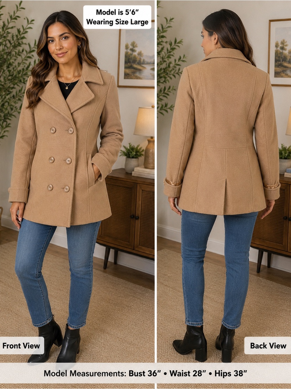 Moda International Camel Wool Blend Double Breasted Pea Coat Tan Medium